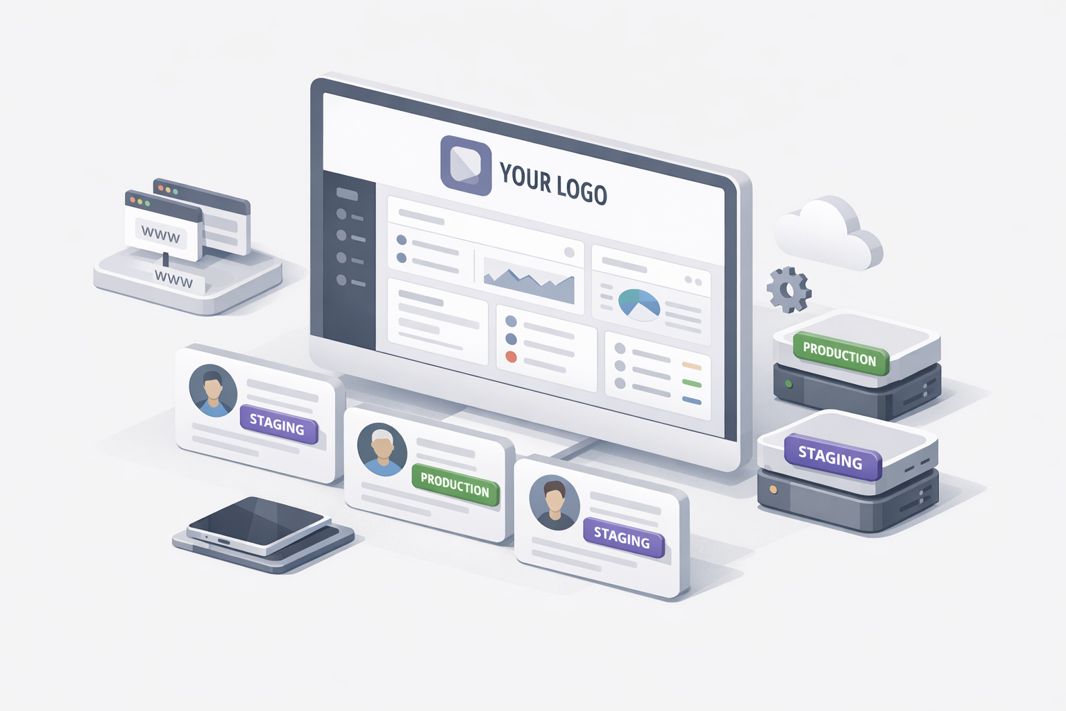 Schéma d'un portail client en marque blanche pour agence, avec dashboard multi-clients, rôles, et séparation staging/production.