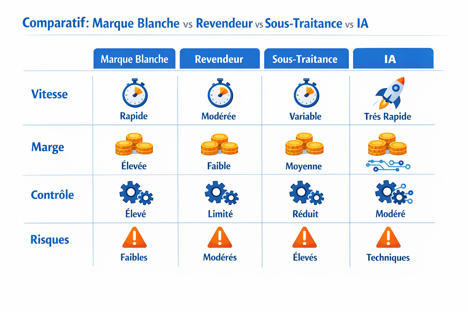 Infographie de comparaison marque blanche vs revendeur vs sous-traitance vs IA, avec critères vitesse, marge, contrôle et risques.
