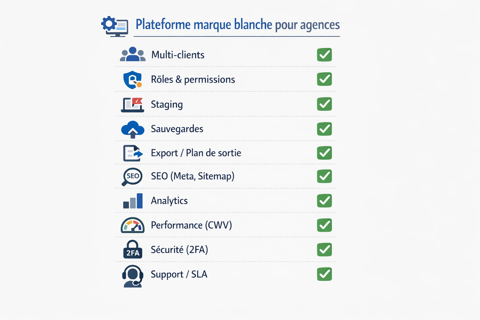 Checklist illustrée des exigences d’une plateforme marque blanche pour agences (multi-clients, rôles, staging, backups, export, SEO, analytics, performance, sécurité, support).