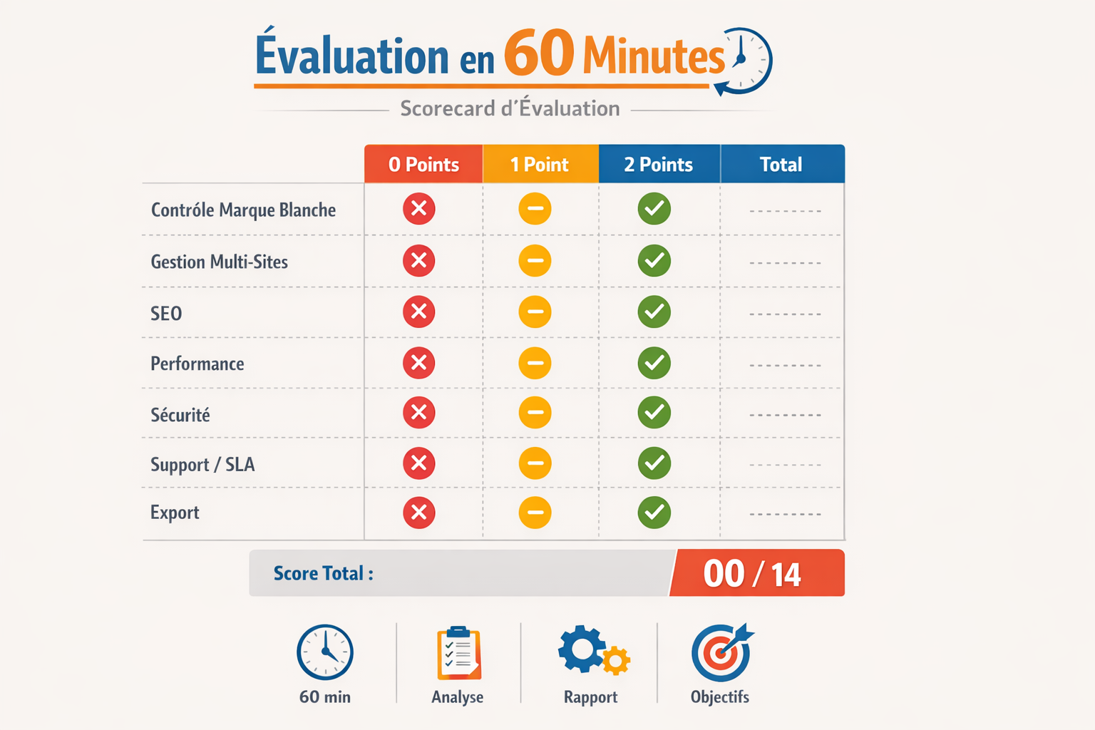 Scorecard d’évaluation en 60 minutes: critères agence (marque blanche, multi-sites, SEO, perf, sécurité, support/SLA, export) avec points 0-2.