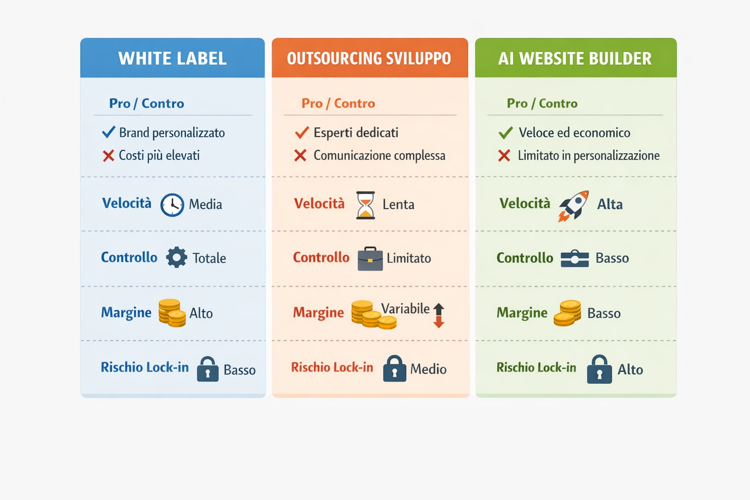 Infografica comparativa che mette a confronto white label, outsourcing sviluppo siti web e AI website builder su velocità, controllo, margine e rischio lock-in.
