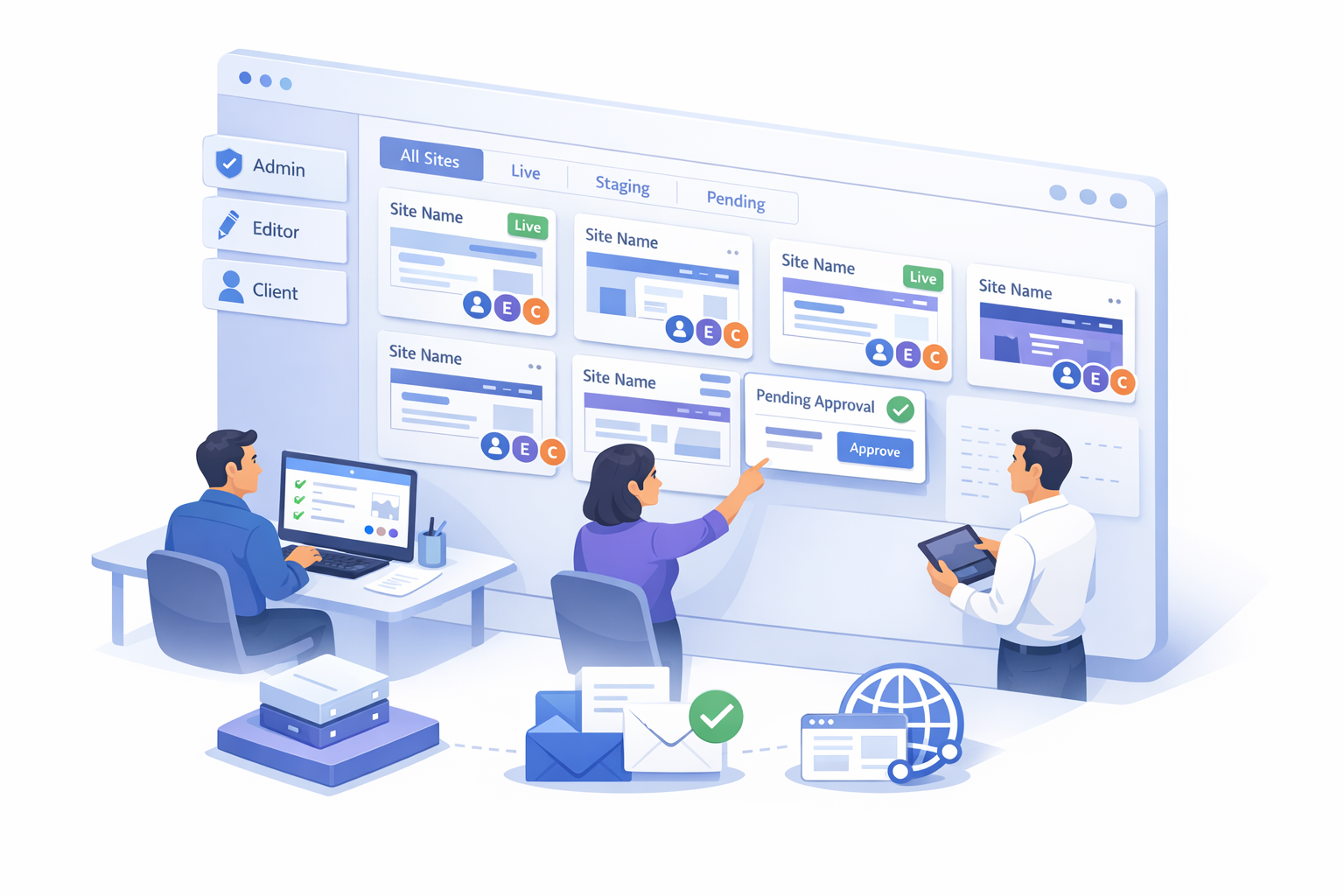 Illustrazione di una dashboard multi-cliente per agenzia con ruoli, approvazioni e staging, in stile SaaS moderno.