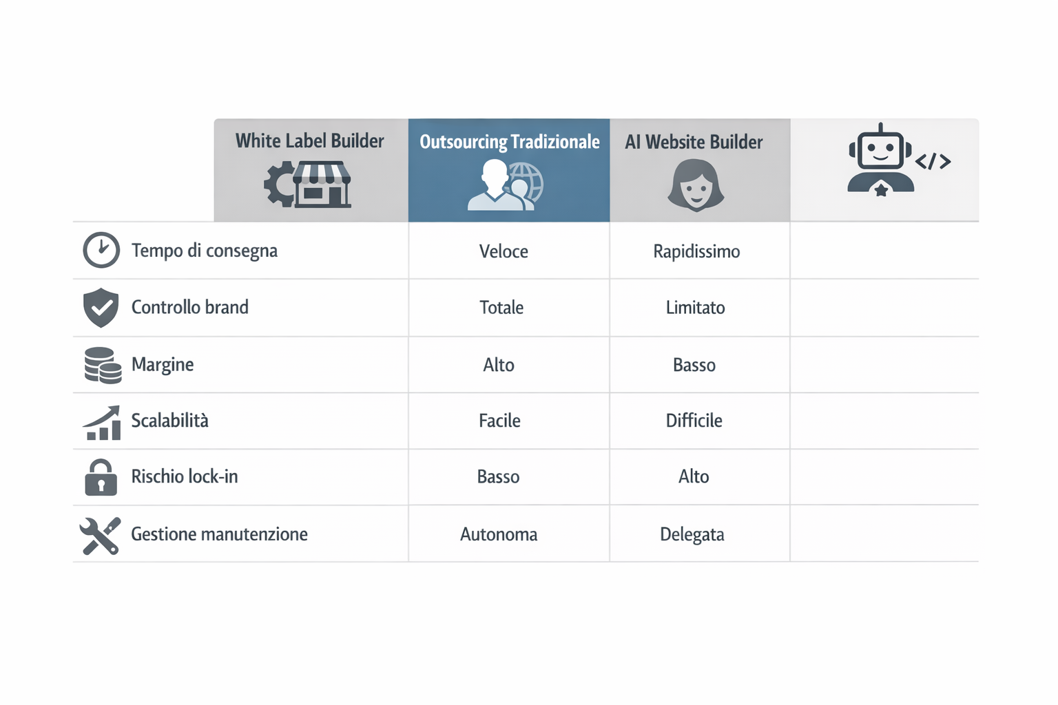 Infografica comparativa in tre colonne: white label builder vs outsourcing tradizionale vs AI website builder, con criteri come margine, time-to-deliver, rischio lock-in e scalabilità.