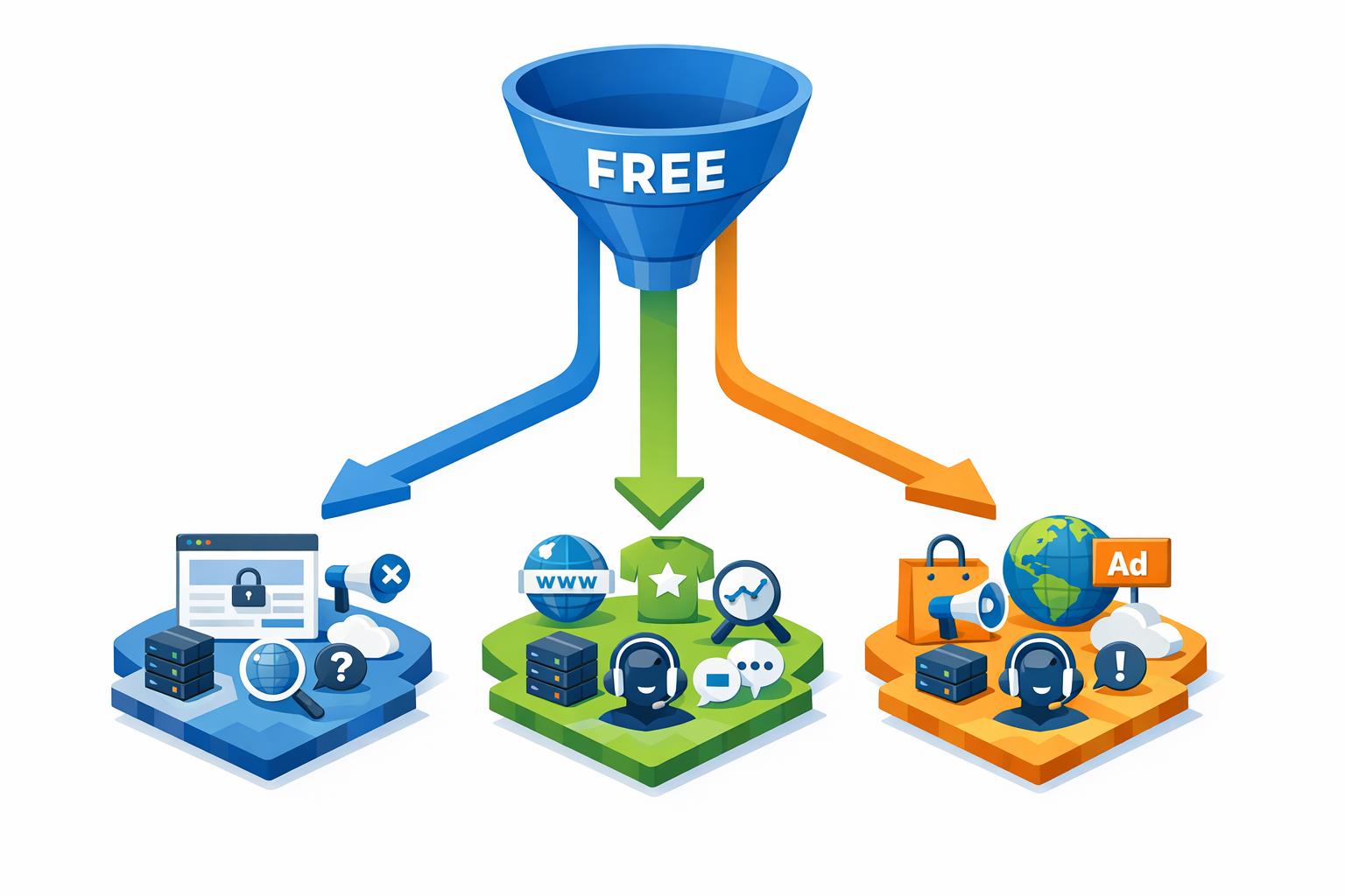 Isometrische infographic die laat zien hoe “gratis” zich opsplitst in trial, freemium en pseudo-white-label, met iconen voor domein, branding, SEO, support en hosting-limieten.