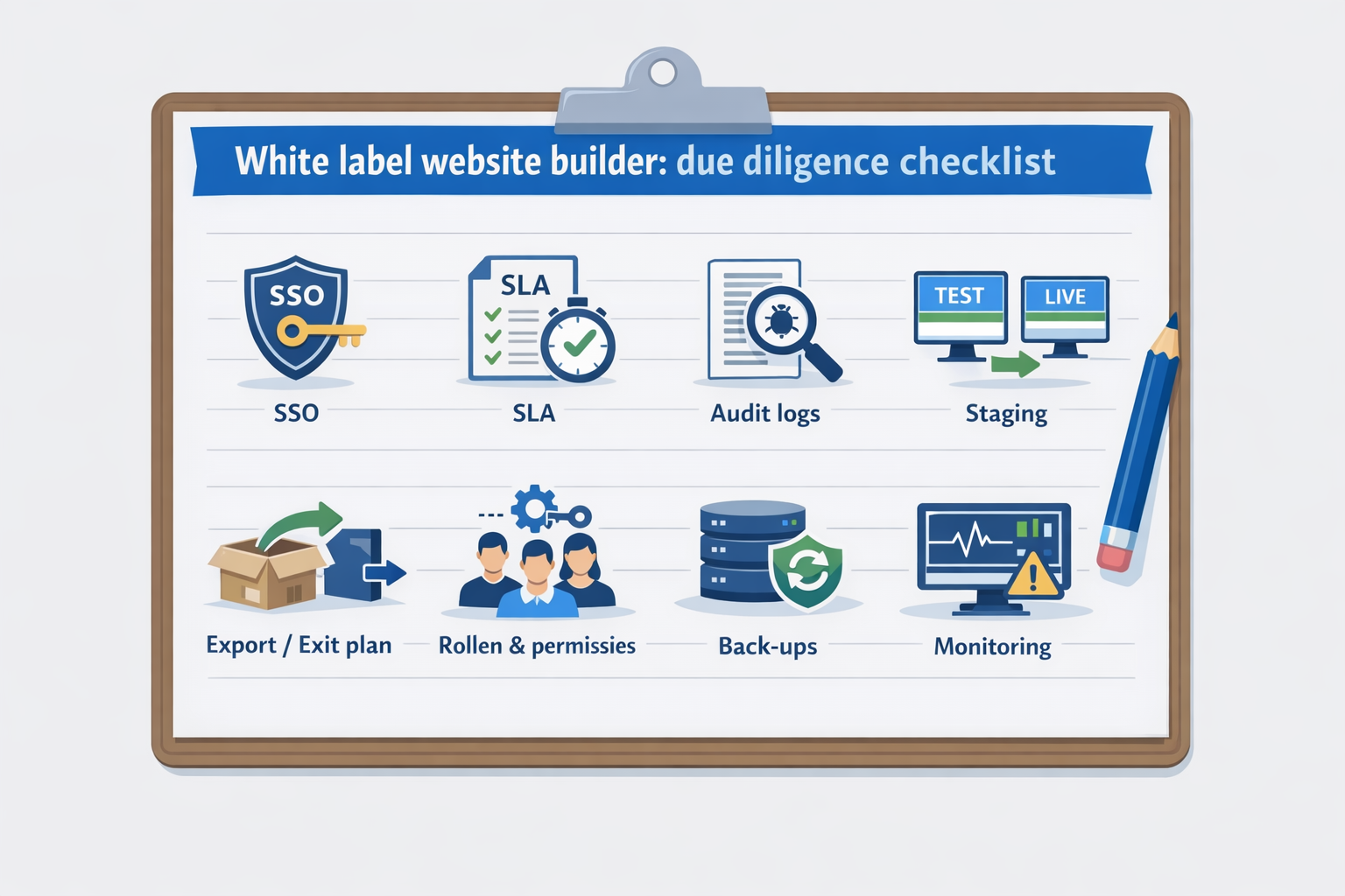 Infographic met due diligence checklist voor een white label website builder, met onderwerpen als SSO, SLA, audit logs, staging, export en rollen.