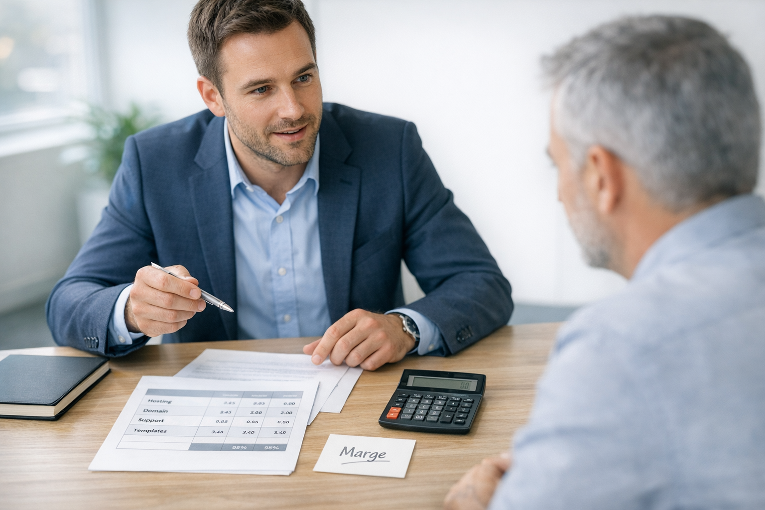 Minimalistische kantoor-scene waarin een bureau met een klant de kostenstructuur van white label websites bespreekt, met spreadsheet, calculator en marge-notitie.