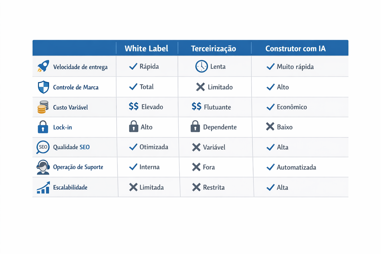 Infográfico comparando white label vs terceirização vs construtor com IA para agências, com critérios de velocidade, controle de marca, custos e escalabilidade.