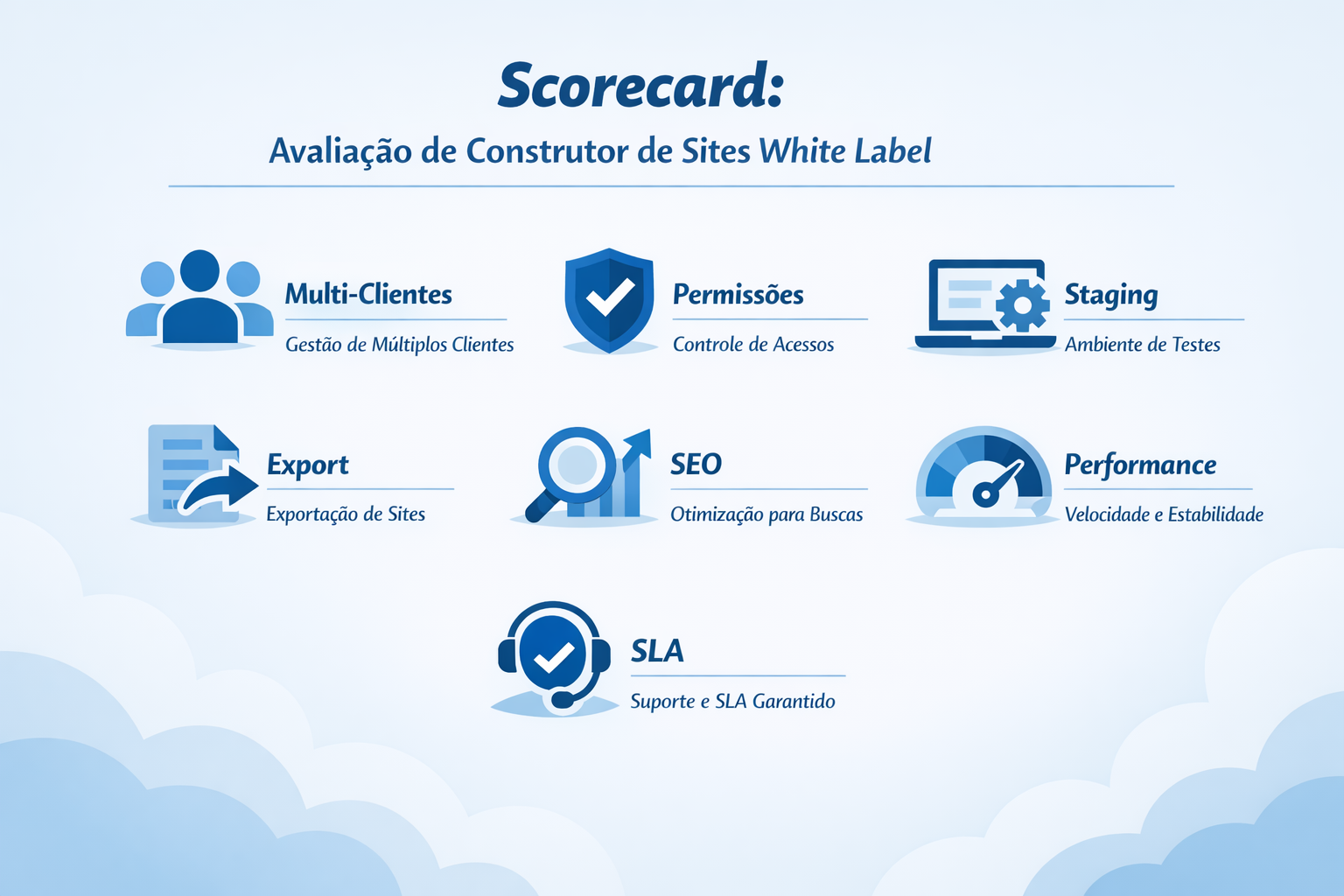 Scorecard visual para comparar 3 fornecedores de construtor de sites white label, com critérios e pontuação de 0 a 2 para decisão rápida.