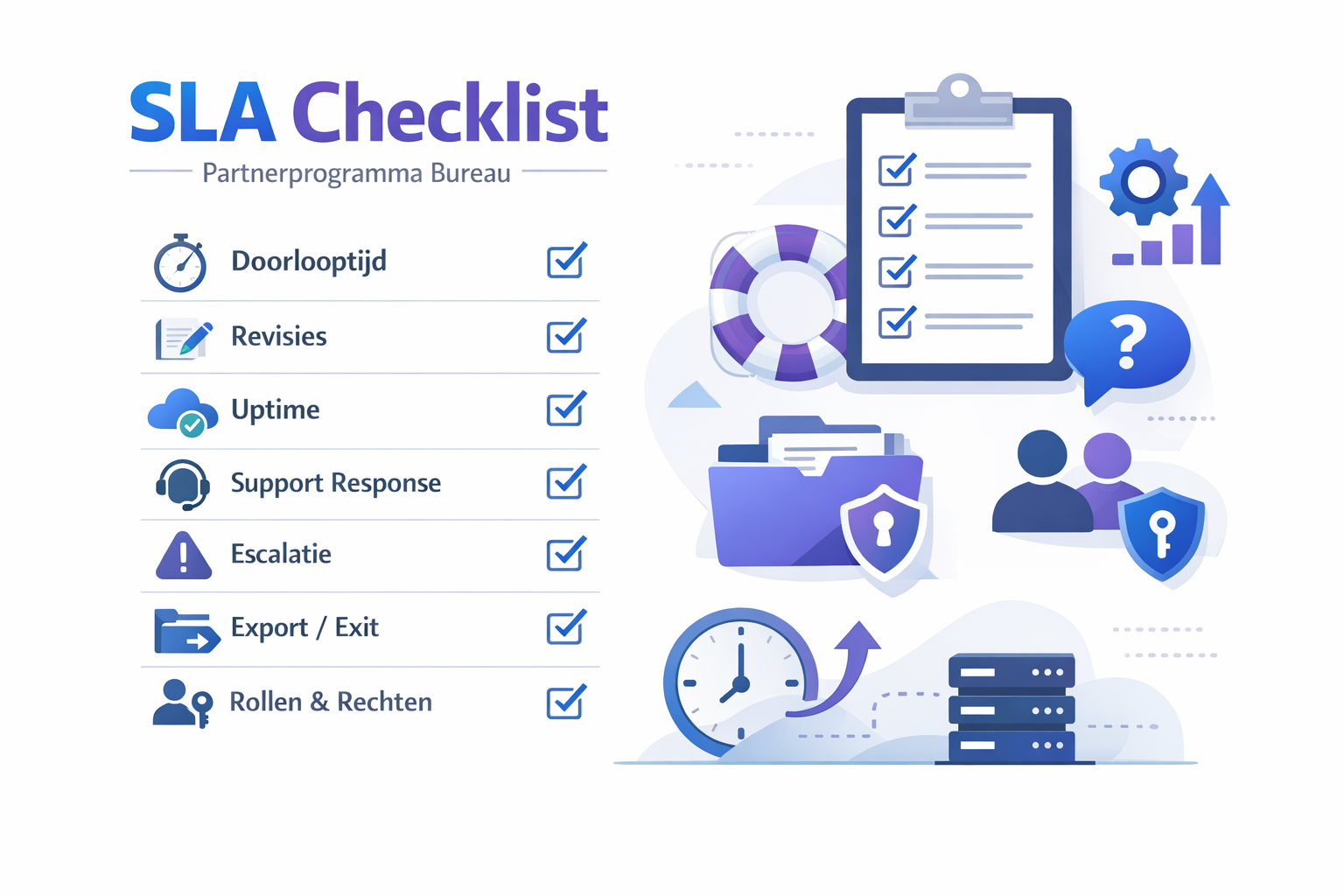 Infographic van een SLA-checklist voor een partnerprogramma bureau met criteria zoals doorlooptijd, revisies, support response, escalatie en export/exit.