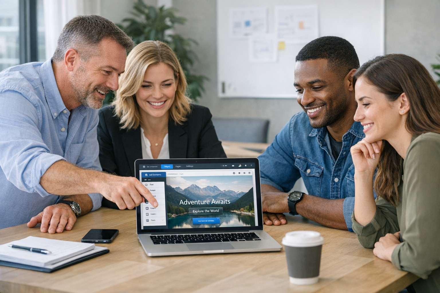A professional team of agency professionals collaborating around a laptop displaying a website builder platform in a clean modern office with natural lighting.