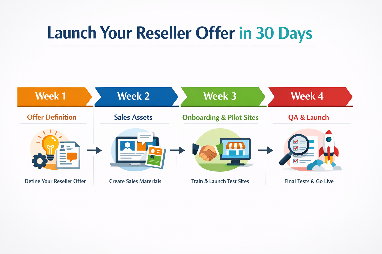 Timeline infographic showing a 30-day implementation plan for launching a website builder reseller program, split into weeks 1 to 4 with milestones for offer definition, sales assets, onboarding, pilot sites, QA, and launch.