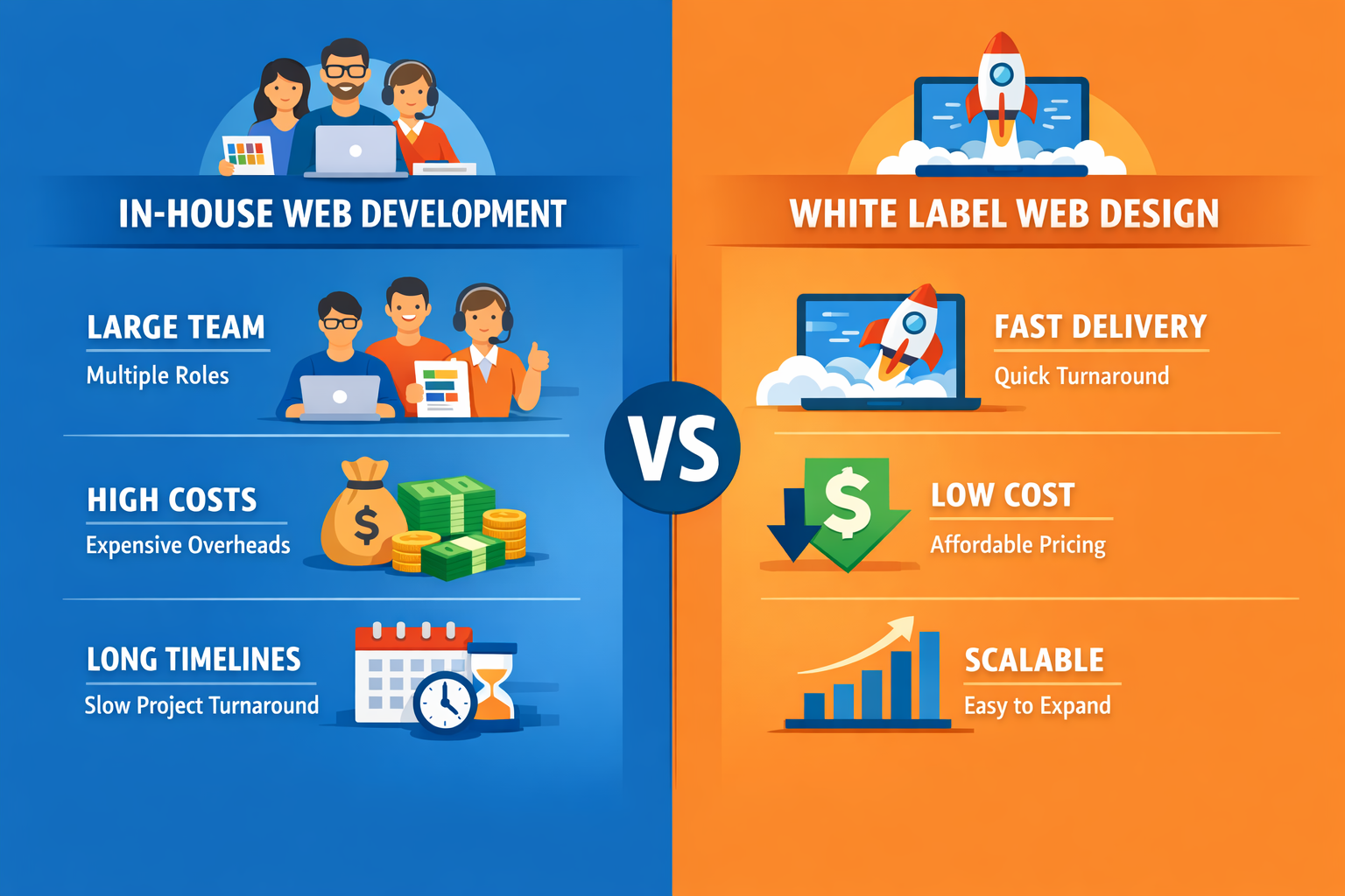 A comparison infographic showing in-house web development vs white label web design for agencies, split layout with cost, time, and team size comparison.
