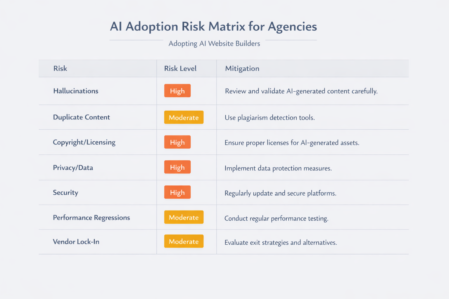 Risk matrix infographic showing common risks for agencies using AI website builders (hallucinations, duplicate content, copyright/licensing, privacy, security, performance regressions, vendor lock-in) with mitigation steps.