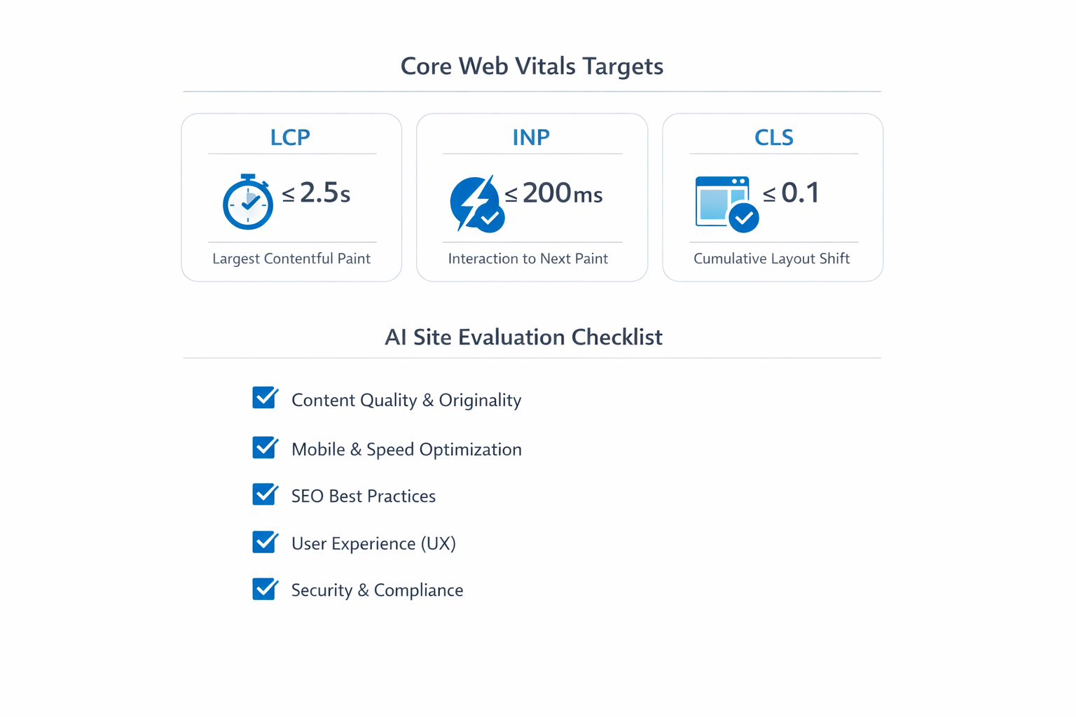 Infographic showing Core Web Vitals targets and an agency checklist for evaluating AI-generated site performance.