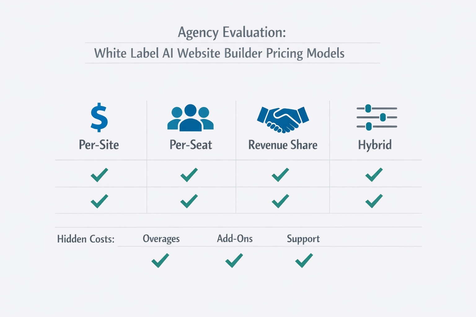 Infographic comparing pricing models for a white label AI website builder: per-site, per-seat, revenue share, and hybrid, with a checklist of common hidden costs.