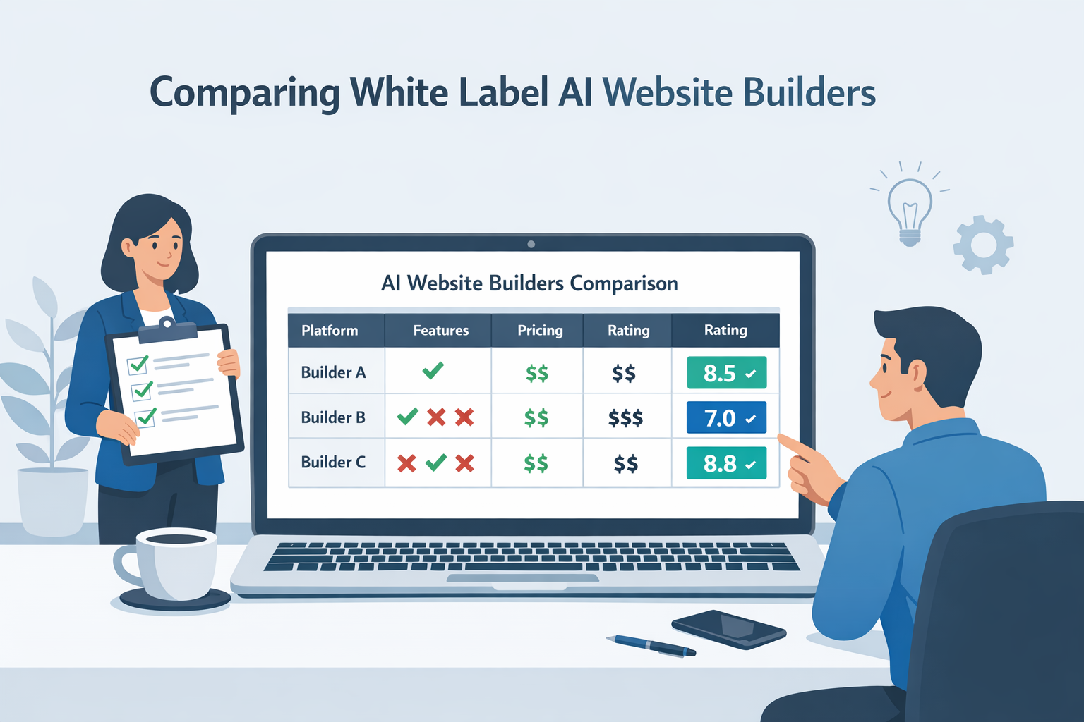 Infographic showing an agency team comparing white label AI website builders with a checklist and scorecard on a laptop.