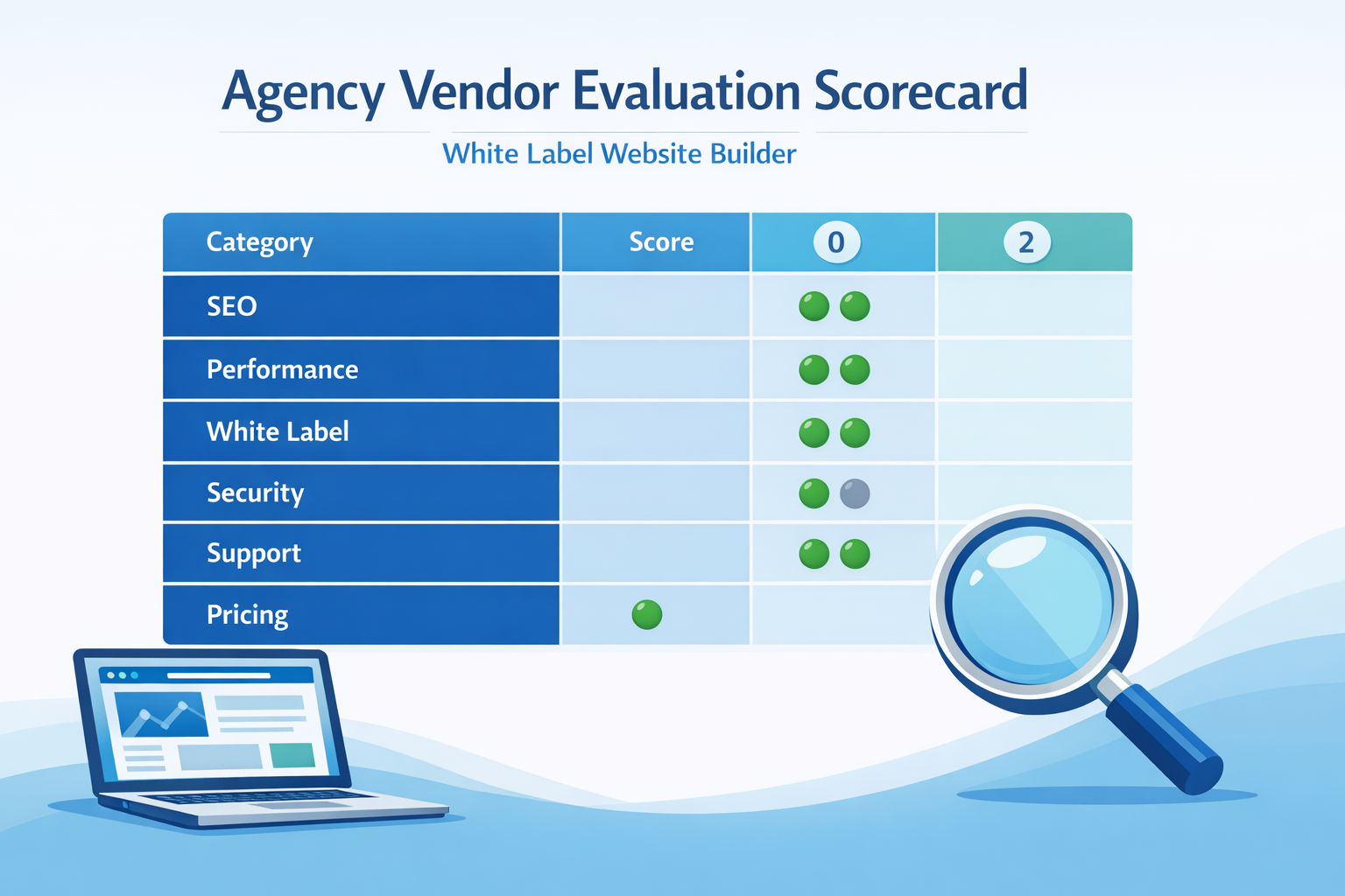 Agency evaluation scorecard illustration with categories like SEO, performance, security, support, and pricing, with a 0-2 scoring grid.