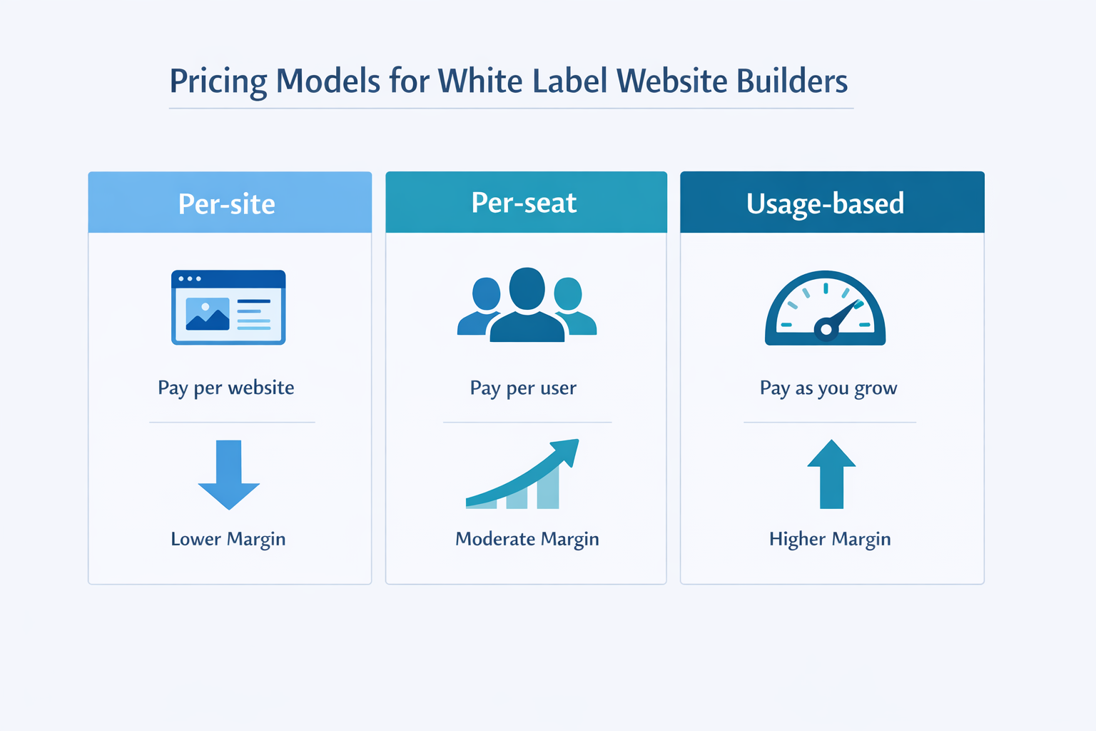 Flat design infographic comparing per-site, per-seat, and usage-based pricing models for white label website builders.