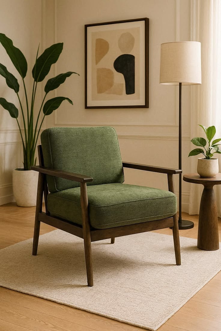 Green chair in a styled interior after AI image generation