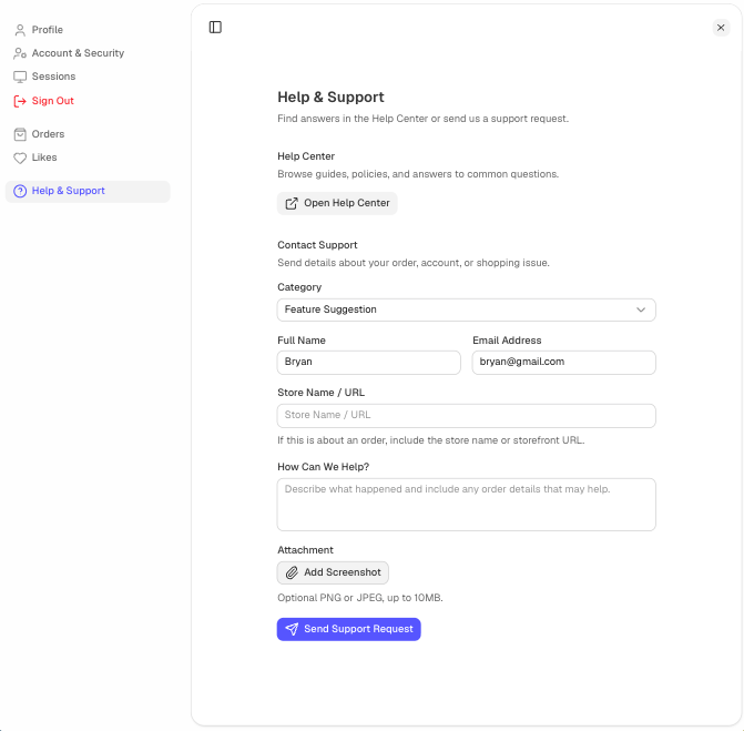 Dash to Cart Help and Support form