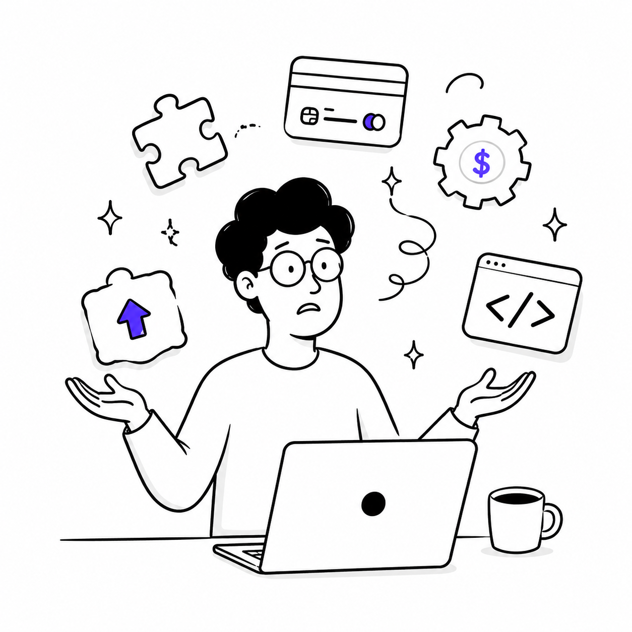 Person managing plugins, payments, settings, and code on a traditional platform
