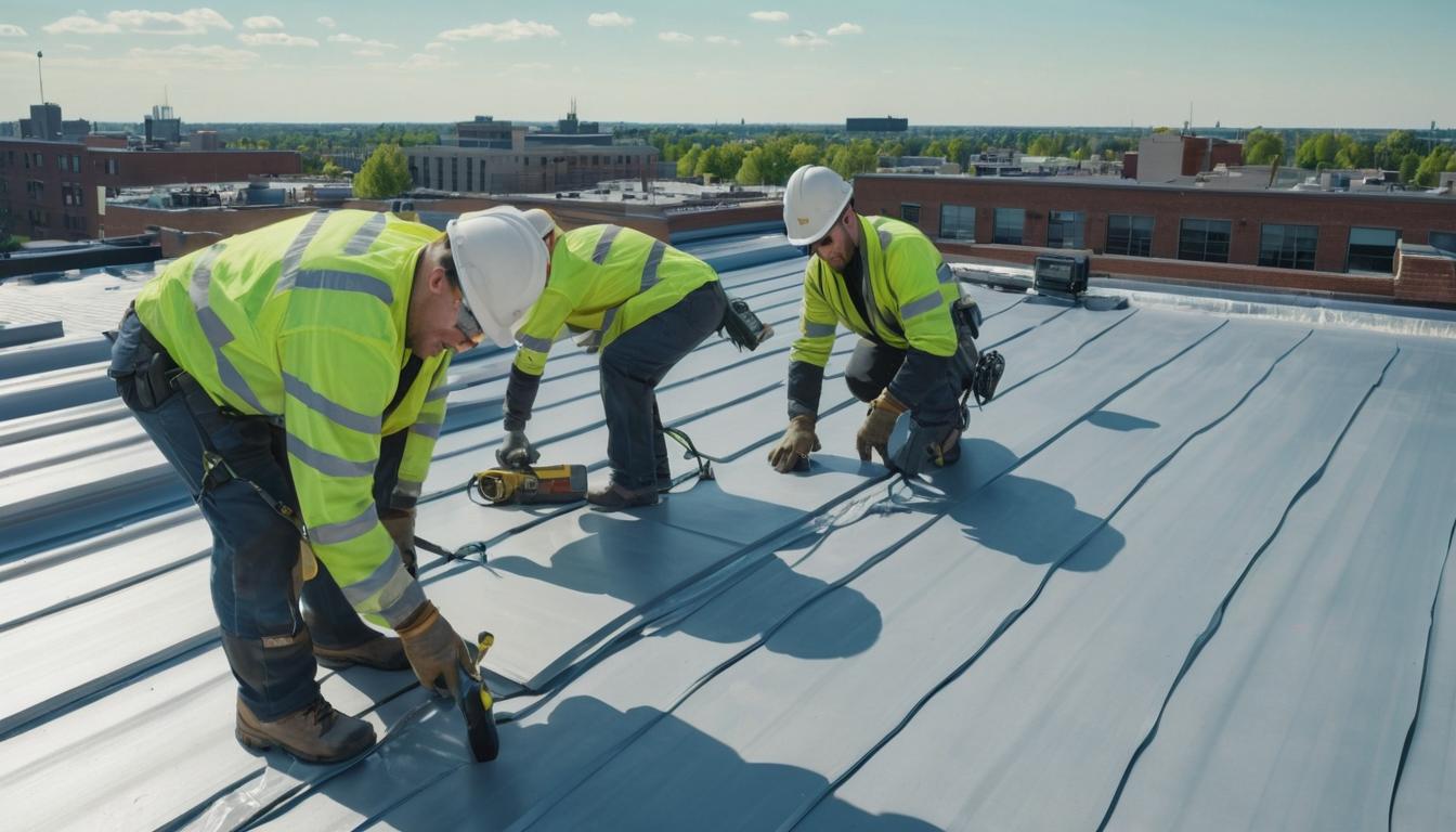 men working on a flat roof
