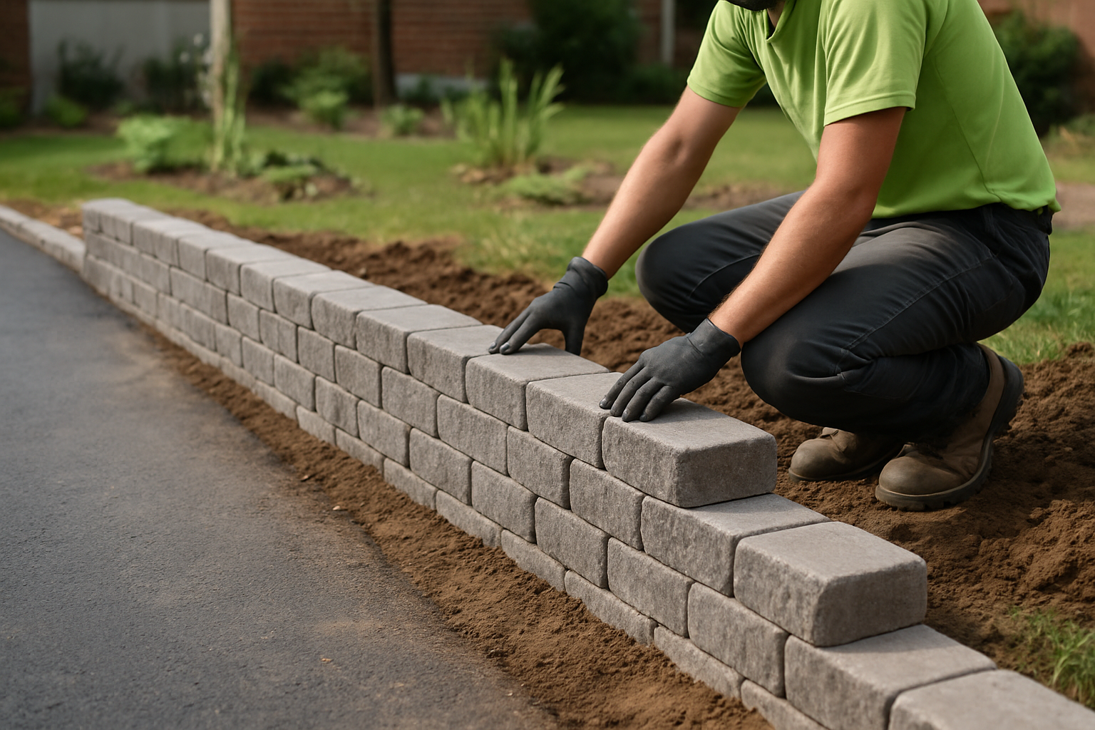 A man is constructing a brick wall in a yard, carefully placing each brick in position.
