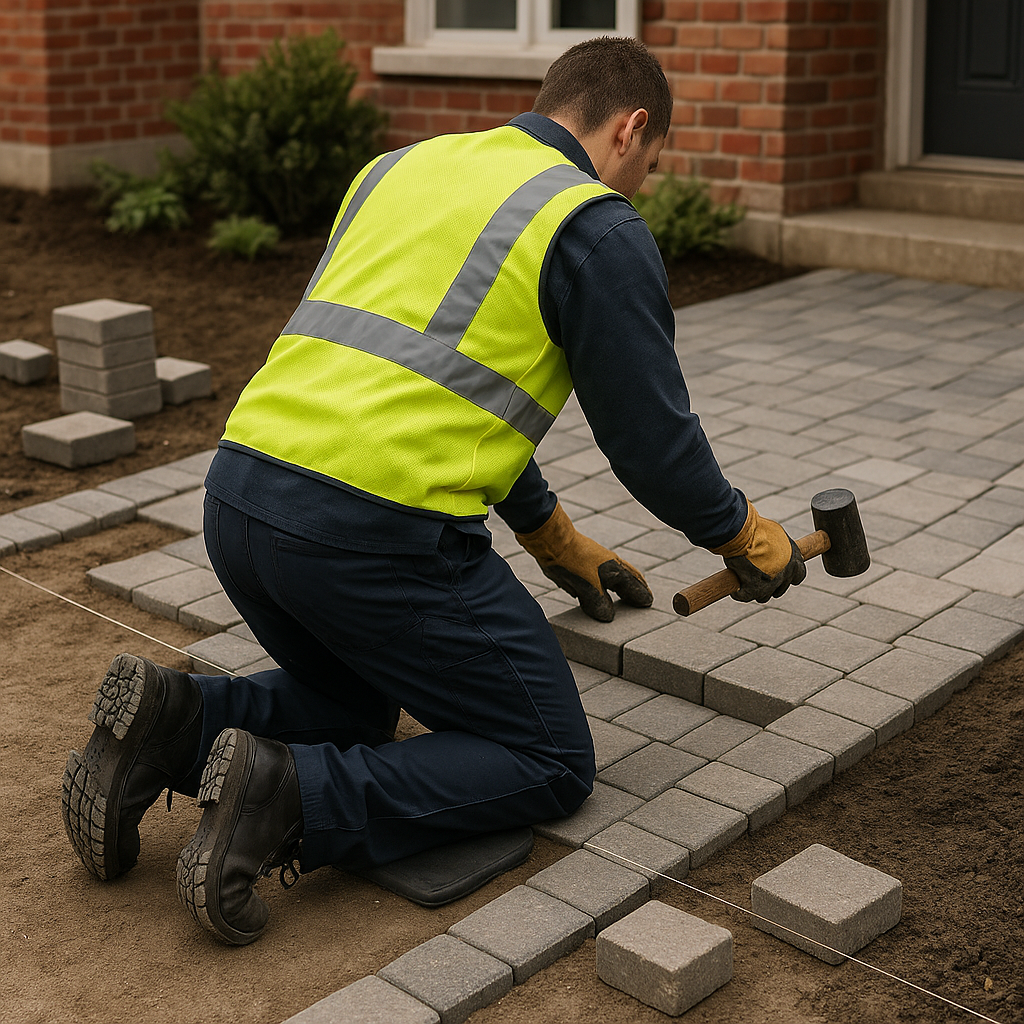 A man in a safety vest is repairing a brick walkway, focused on his task amidst the construction site.