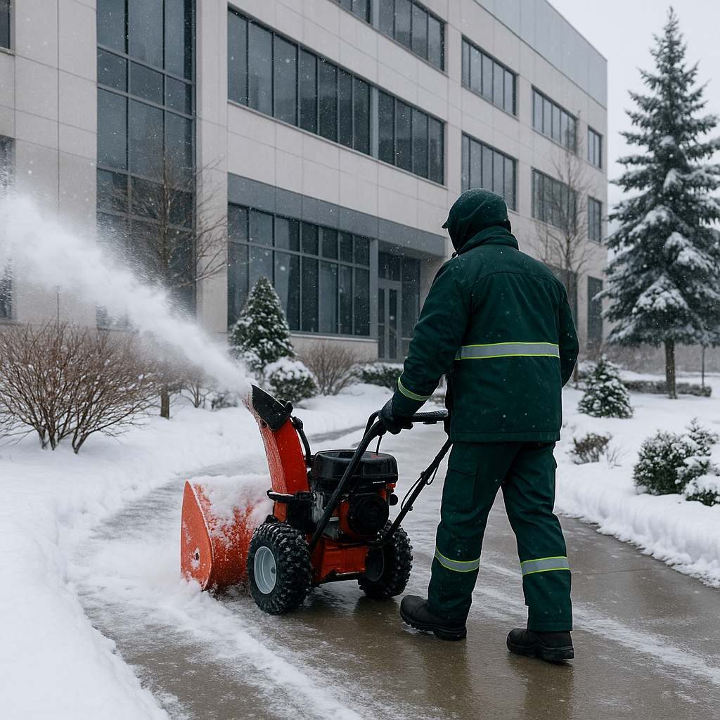 A man in a green uniform operates a snow blower, clearing snow from a driveway on a winter day.