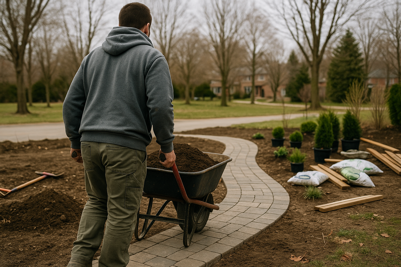 A man pushes a wheelbarrow filled with dirt across a construction site.