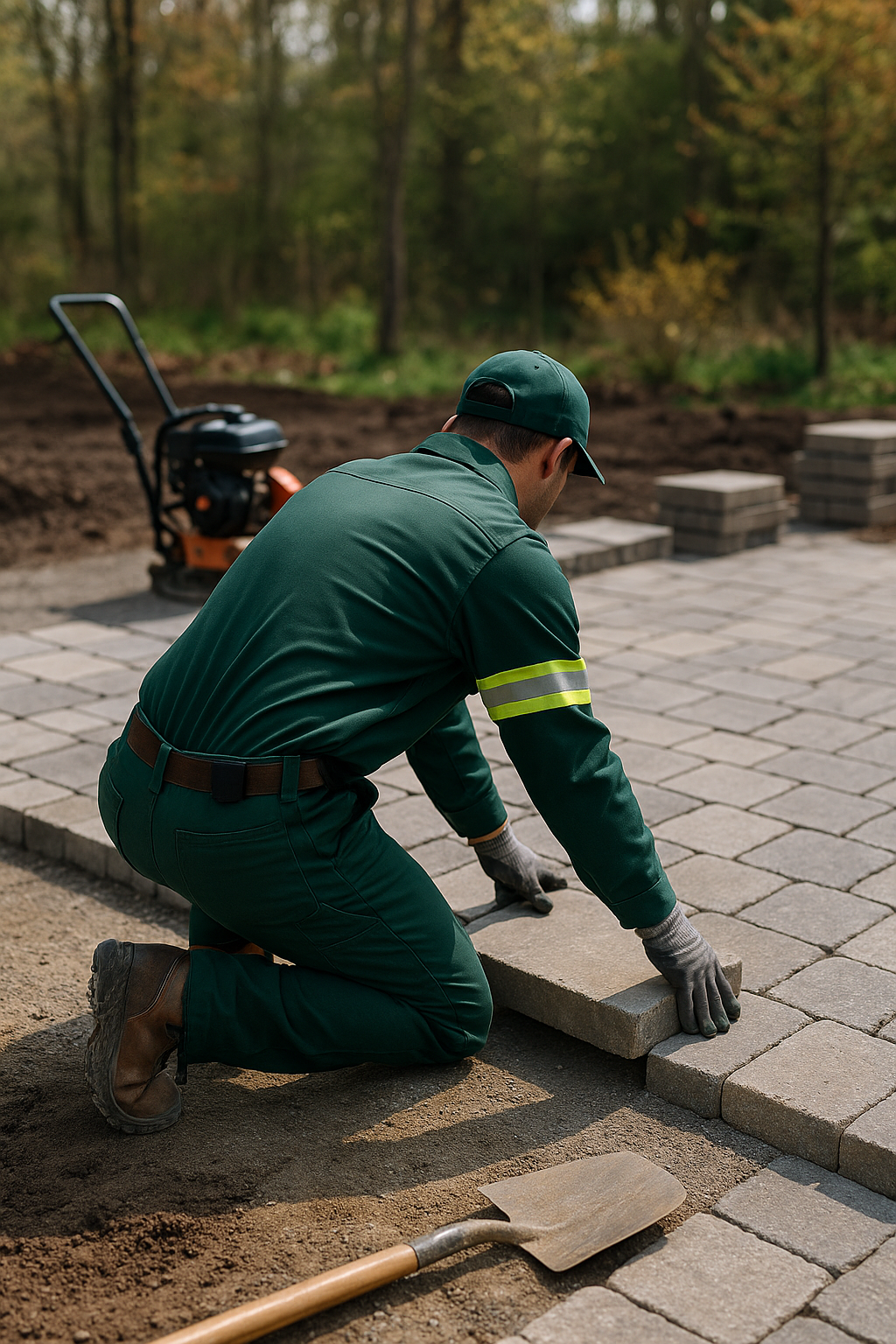 A man in green work clothes is laying bricks on a residential site.