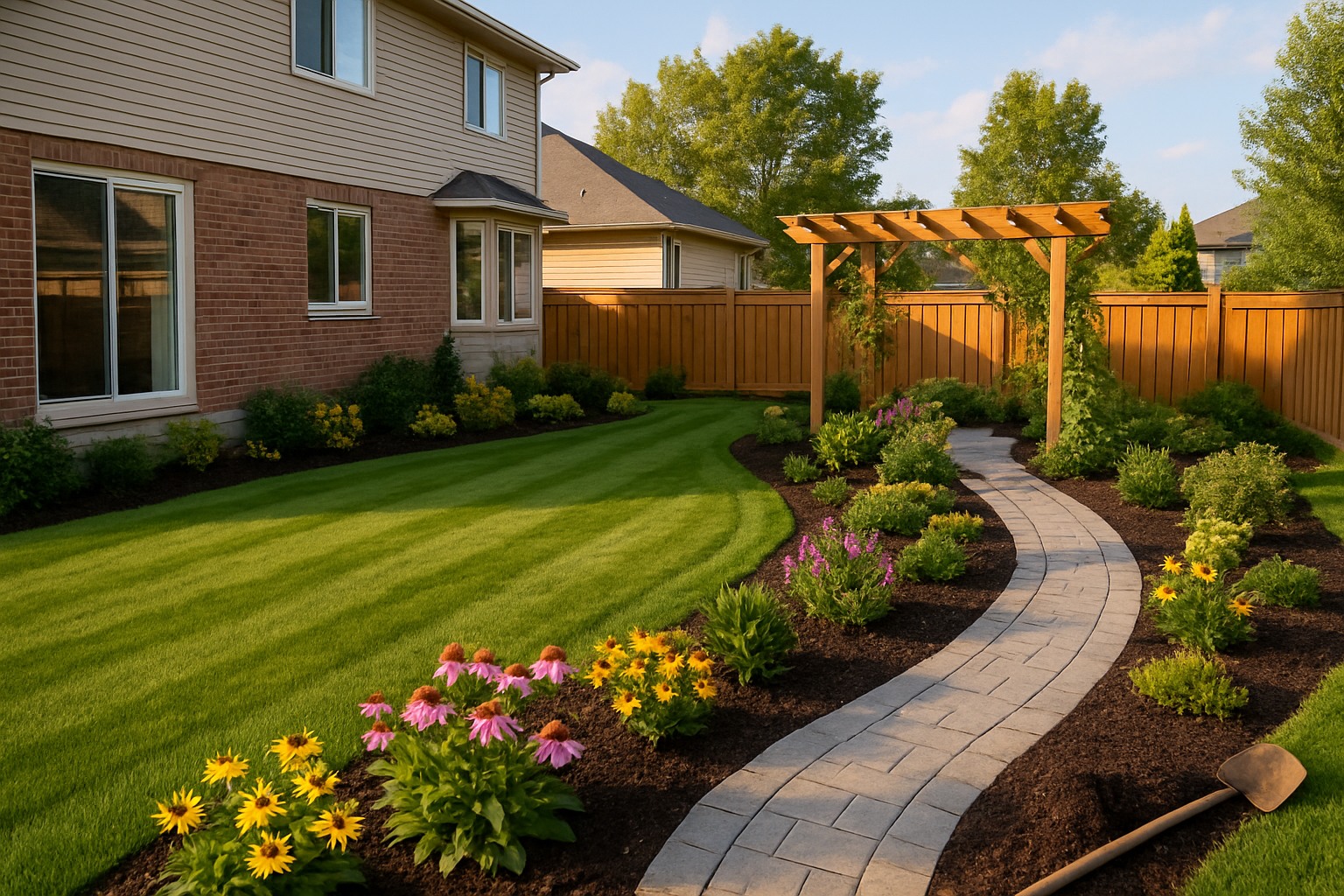 A backyard garden featuring a walkway surrounded by vibrant flower beds.