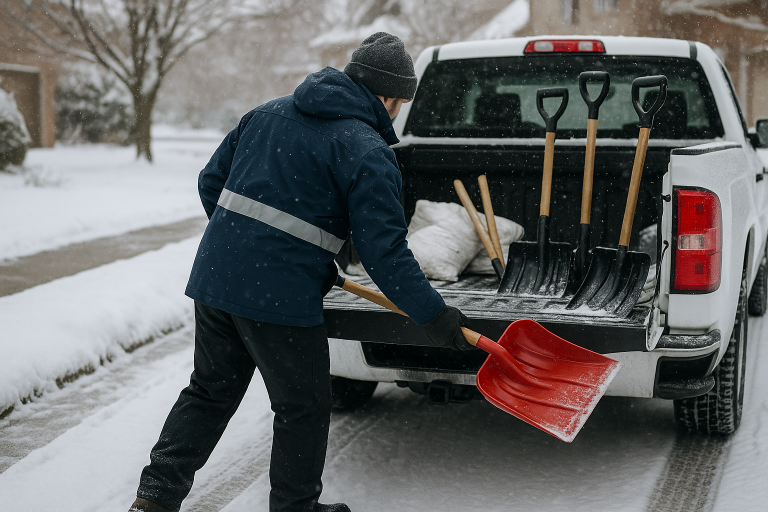 A man is loading several shovels into the back of a pickup truck on a sunny day.