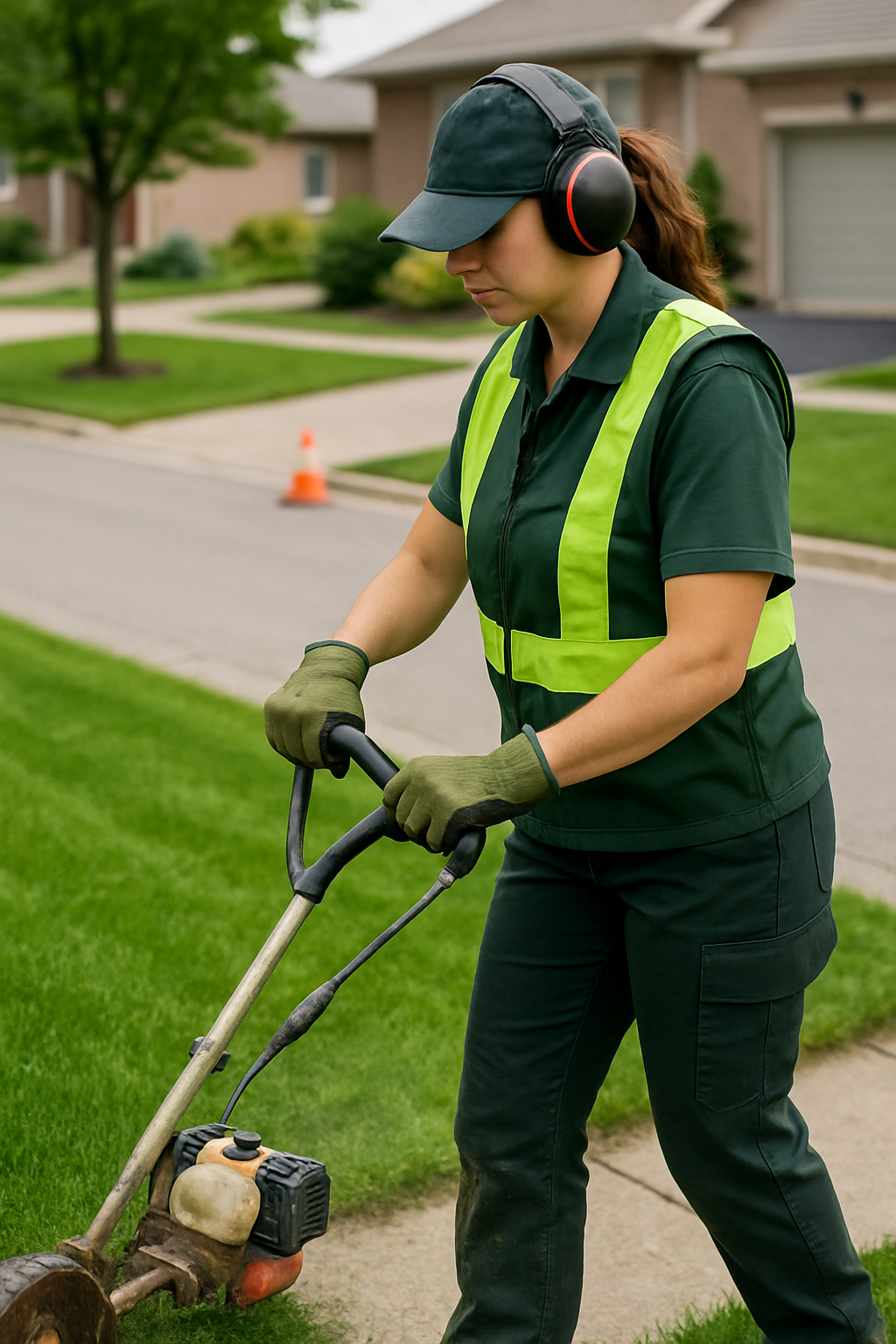 A woman wearing a safety vest is mowing a green lawn on a sunny day.
