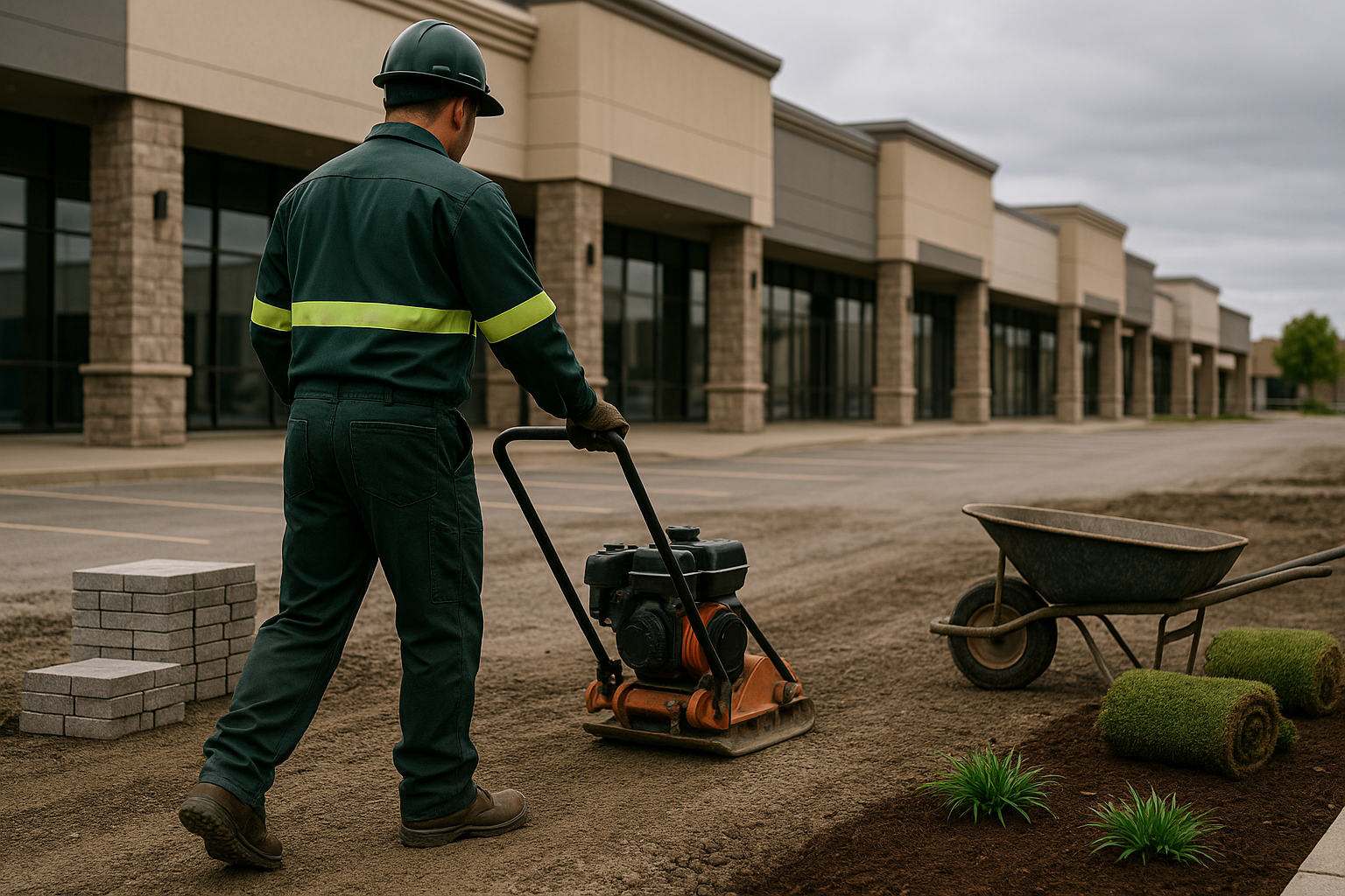 A man in a green uniform uses a wheelbarrow to transport dirt in a construction or gardening setting.