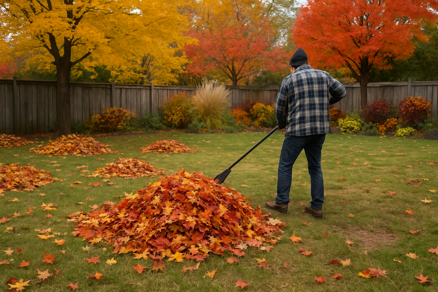 A man sweeps leaves from a large pile of colorful autumn leaves in a garden setting.