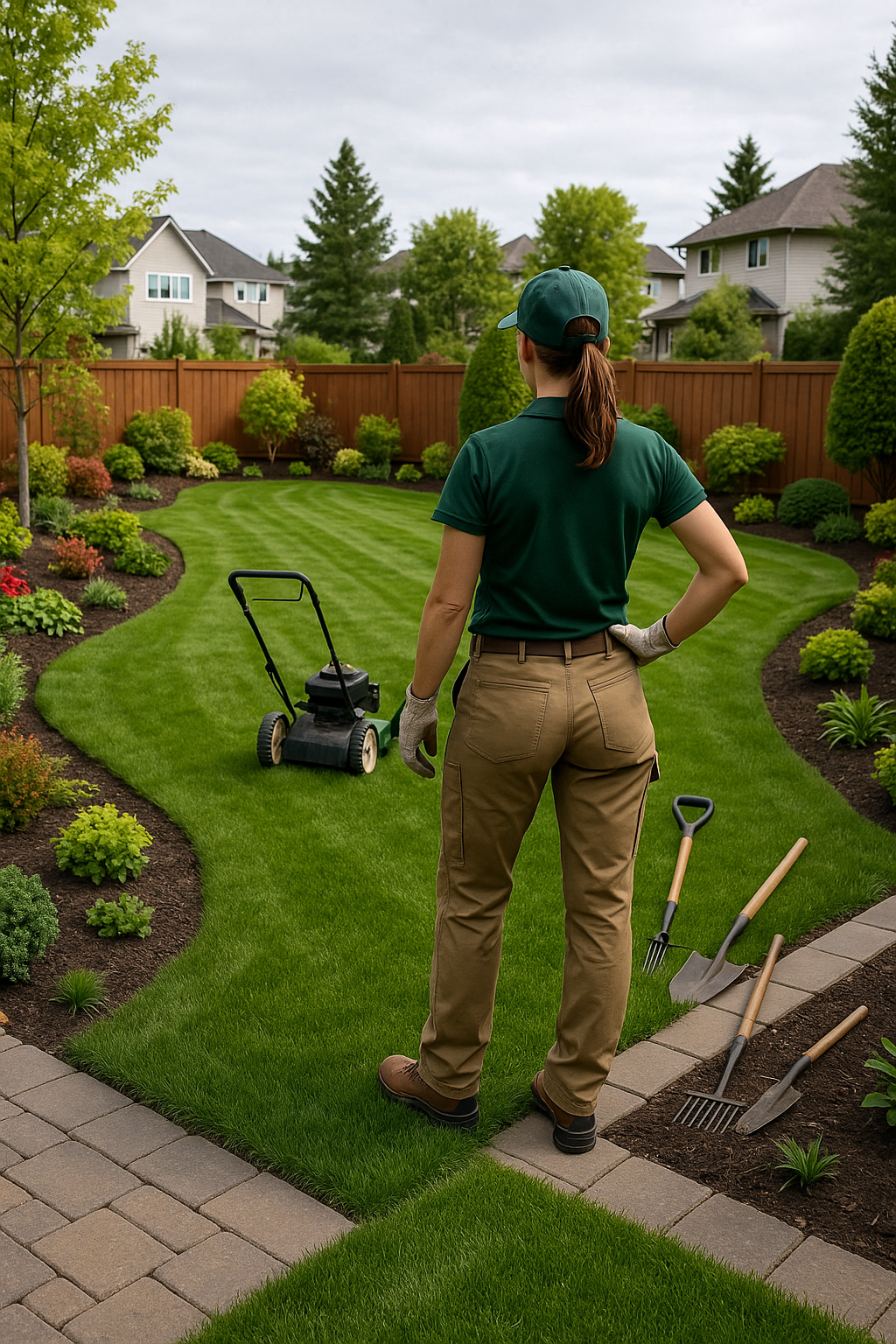 A woman in a green shirt and brown pants stands in a yard next to a lawn mower, ready to mow the grass.