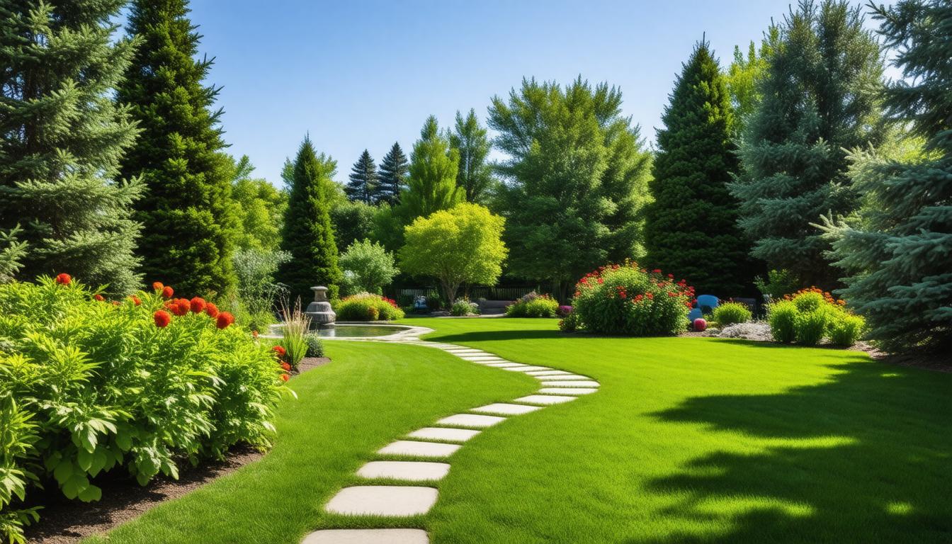 A serene garden featuring a stone path winding through lush green grass.