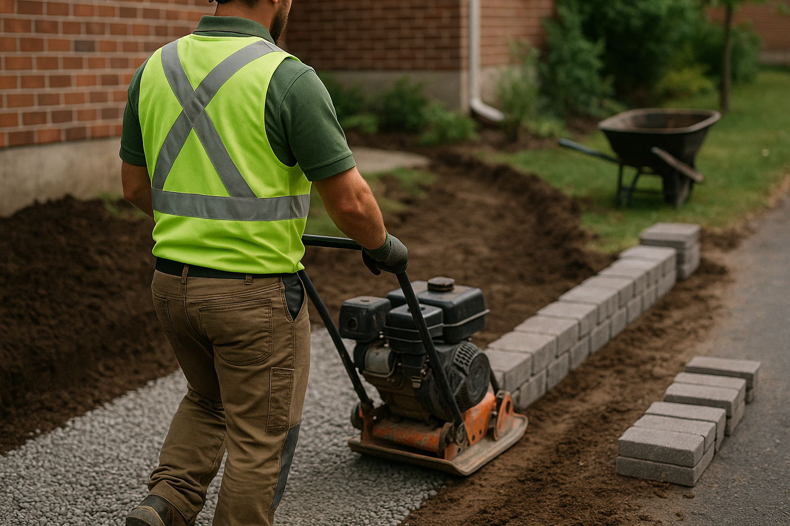 A man operates a wheeled machine to lay bricks for a new path in a garden or outdoor area.