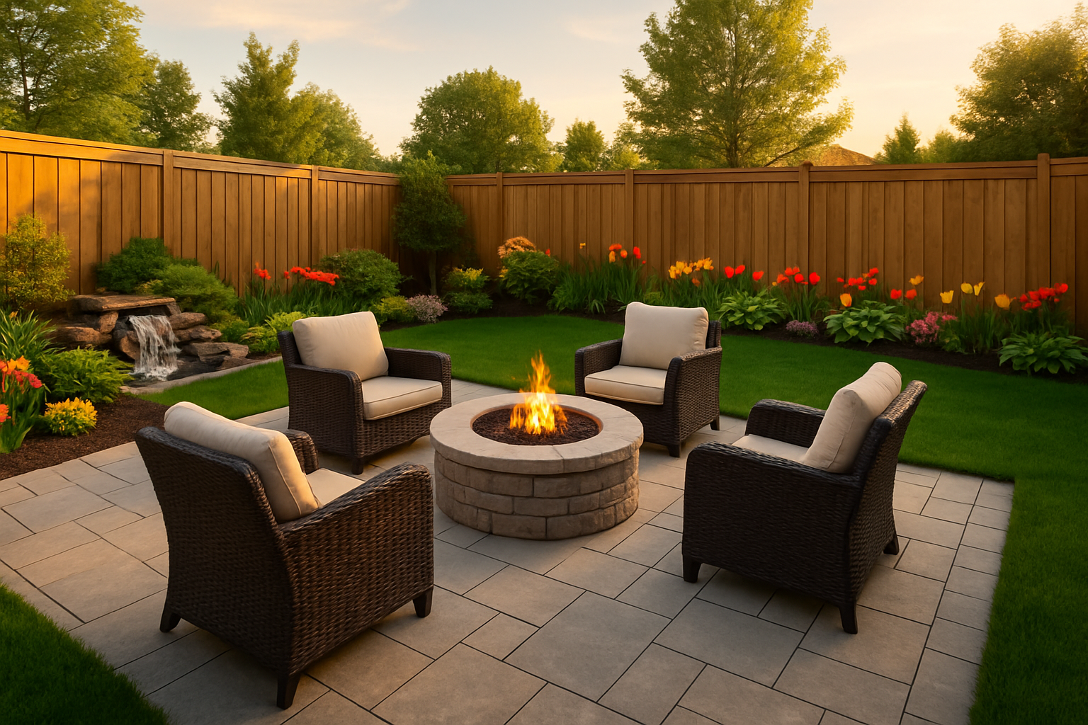 A cozy backyard patio featuring a fire pit surrounded by comfortable chairs.