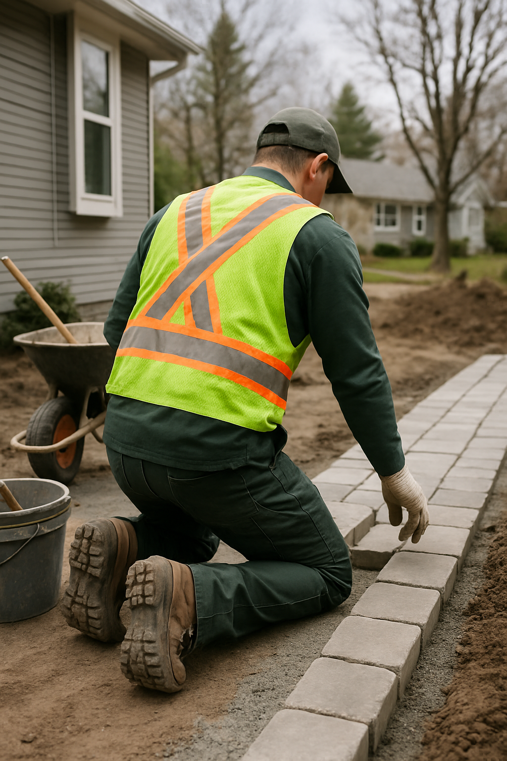 A man in a safety vest is laying bricks on a sidewalk, focused on his work.