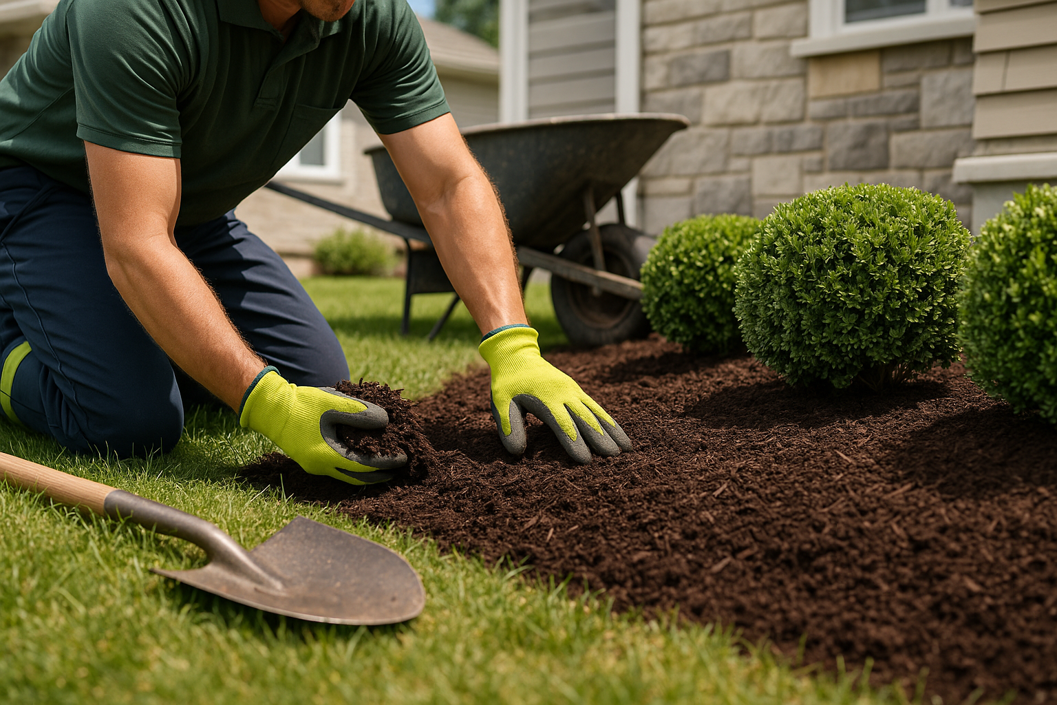A man is spreading mulch in a garden bed, enhancing soil health and moisture retention for plants.