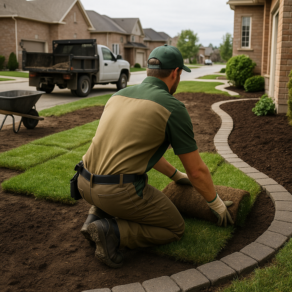 A man is actively engaged in a landscaping project, working with plants and tools in an outdoor setting.