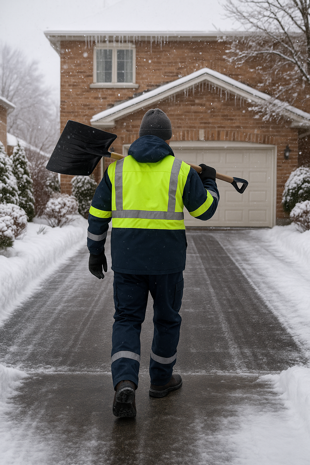 A man in a safety vest and reflective jacket is carrying a shovel, ready for construction or maintenance work.