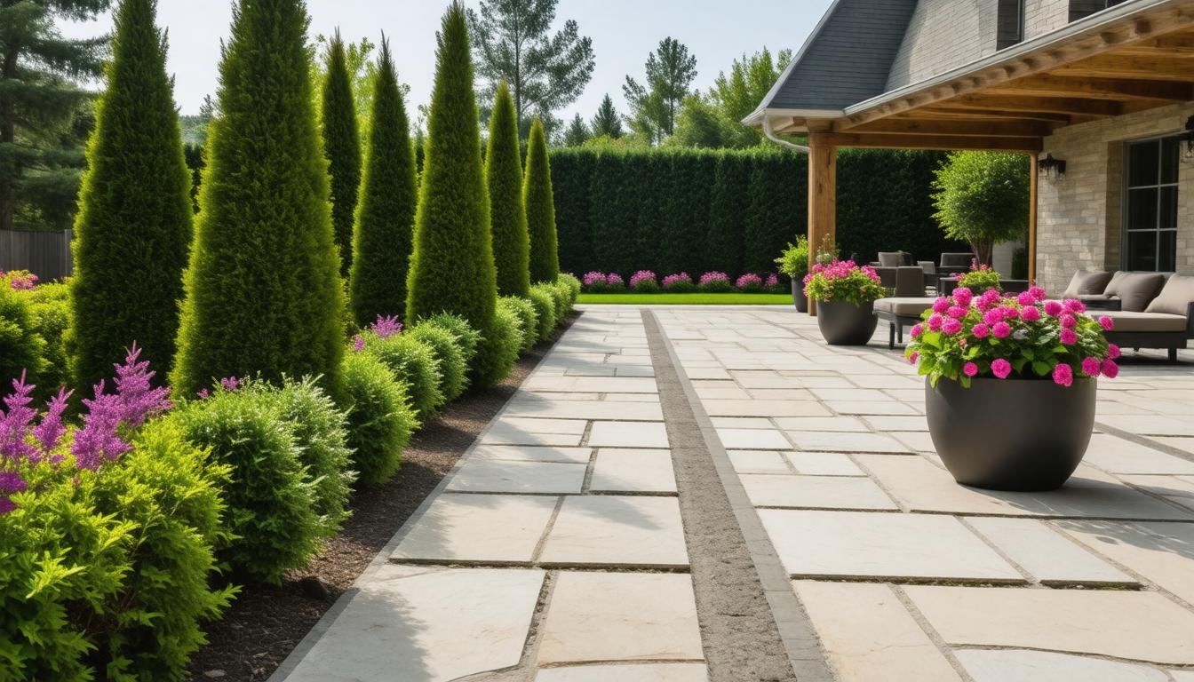 A serene garden featuring a stone walkway surrounded by lush trees and vibrant greenery.