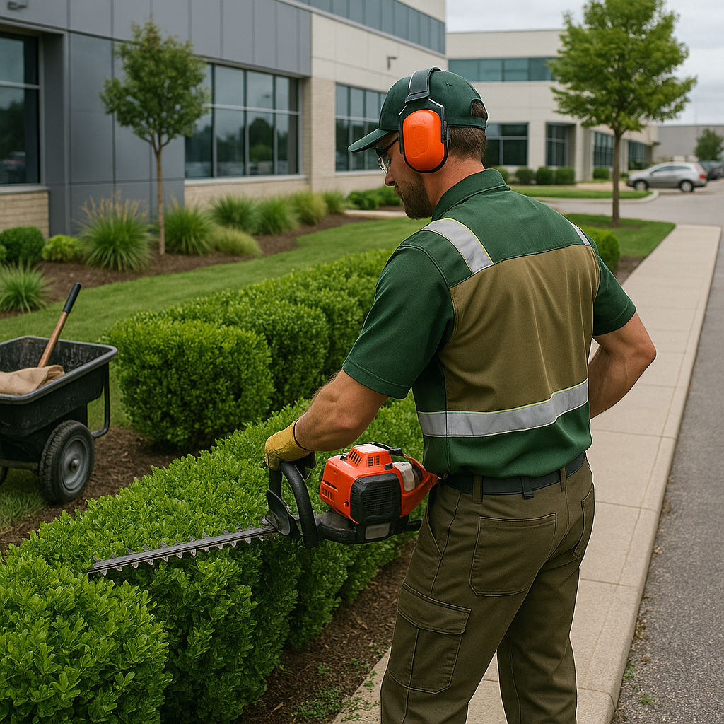 A man in a green shirt and pants operates a hedge trimmer in a garden setting.