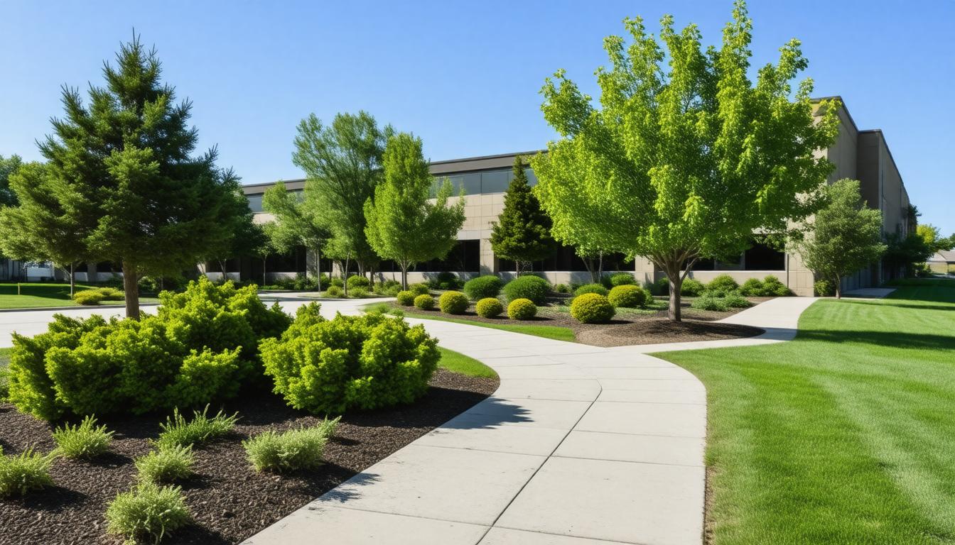 Landscaped area featuring various trees and shrubs, creating a serene and natural environment.