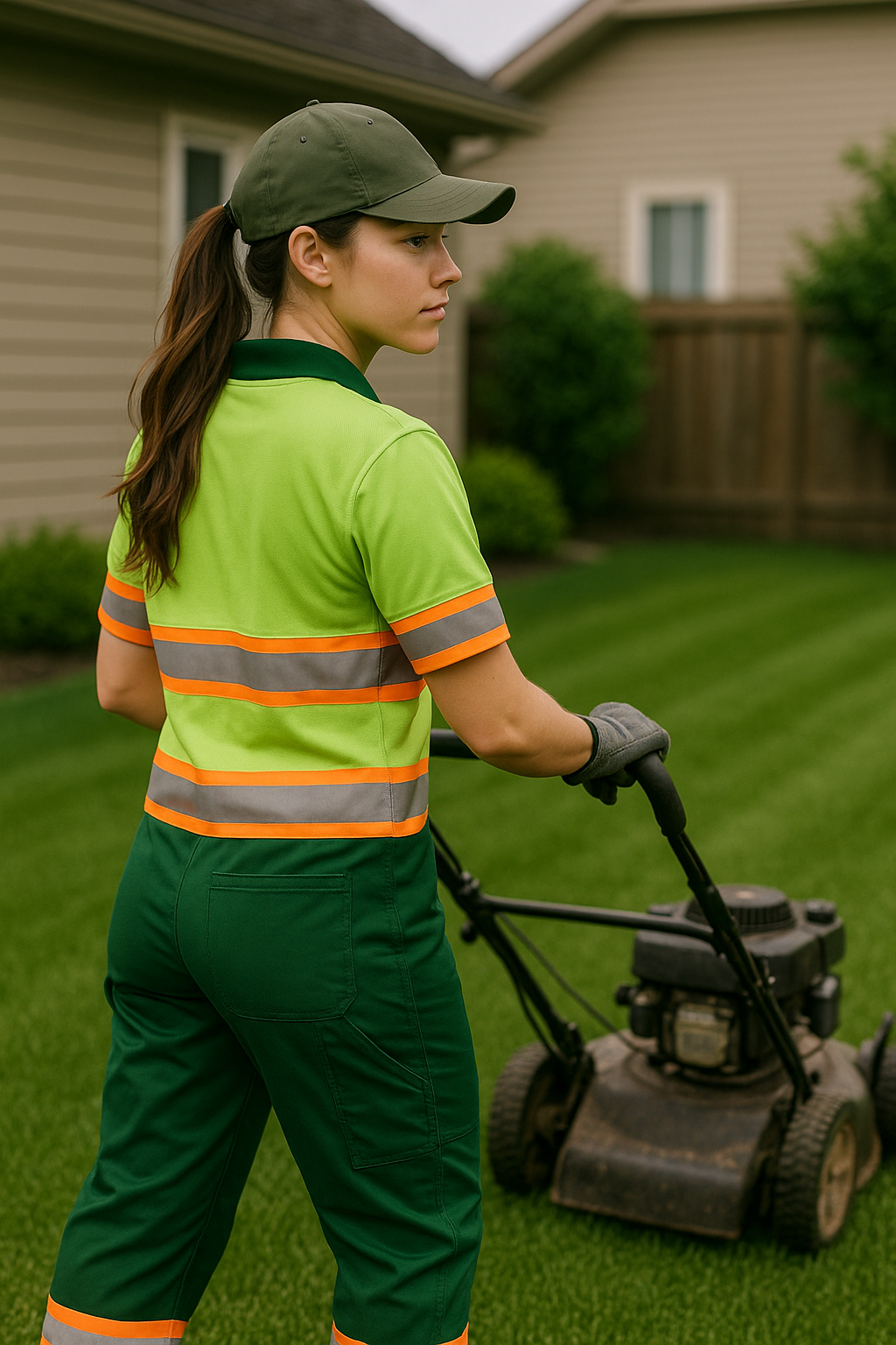 A woman in a green shirt is mowing the lawn on a sunny day.