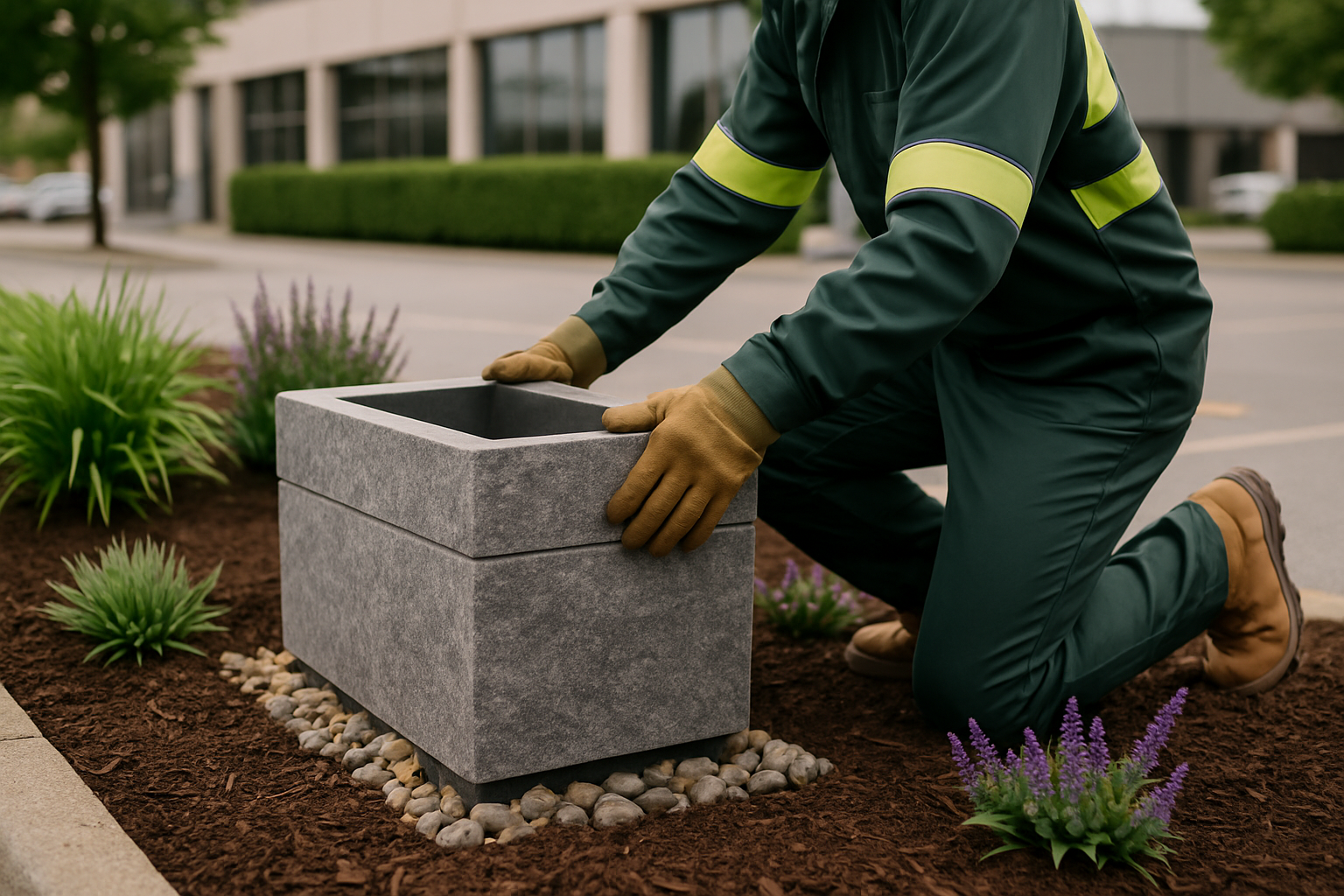 A man in a green uniform is positioning a concrete planter in a landscaped area.