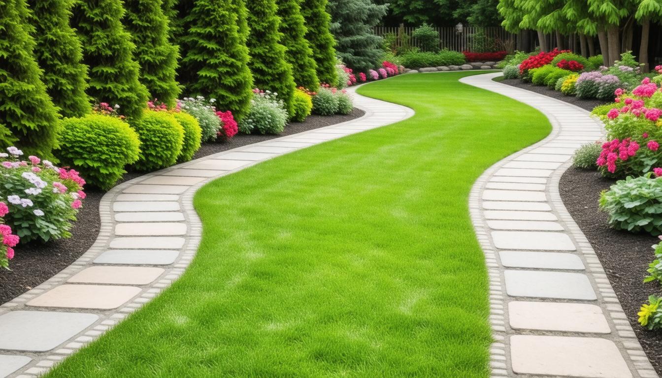 A vibrant garden featuring a winding pathway surrounded by colorful flowers in full bloom.